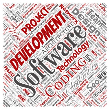 Vektör kavramsal yazılım geliştirme projesi teknoloji kare kırmızı kelime bulutu kodlama arka plan izole. Uygulama web tasarım, seo fikir, uygulama, test yükseltme kavramı kolaj