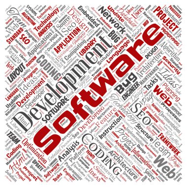 Vektör kavramsal yazılım geliştirme projesi teknoloji kare kırmızı kelime bulutu kodlama arka plan izole. Uygulama web tasarım, seo fikir, uygulama, test yükseltme kavramı kolaj