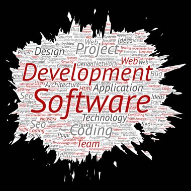 Vektör kavramsal yazılım geliştirme projesi teknoloji boya fırça kağıt kelime bulutu kodlama arka plan izole. Uygulama web tasarım, seo fikir, uygulama, test yükseltme kavramı kolaj