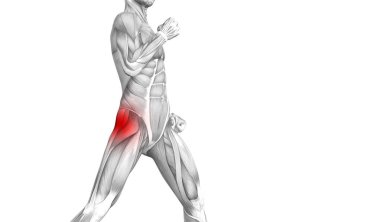 Kırmızı sıcak nokta inflamasyon eklem eklem ağrısı için bacak sağlık tedavi veya spor kas kavramı ile kavramsal hip insan anatomisi. 3D çizim adam artrit veya kemik boğaz osteoporoz hastalığı