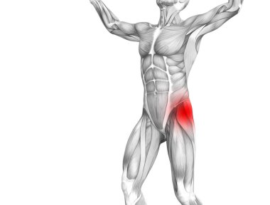 Kırmızı sıcak nokta inflamasyon eklem eklem ağrısı için bacak sağlık tedavi veya spor kas kavramı ile kavramsal hip insan anatomisi. 3D çizim adam artrit veya kemik boğaz osteoporoz hastalığı