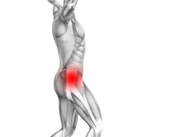 Kırmızı sıcak nokta inflamasyon eklem eklem ağrısı için bacak sağlık tedavi veya spor kas kavramı ile kavramsal hip insan anatomisi. 3D çizim adam artrit veya kemik boğaz osteoporoz hastalığı
