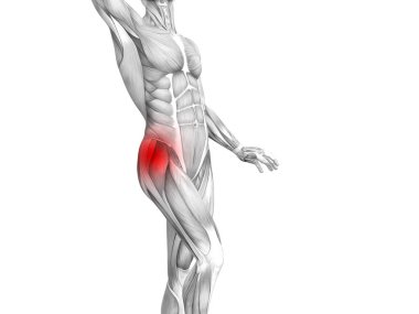 Kırmızı sıcak nokta inflamasyon eklem eklem ağrısı için bacak sağlık tedavi veya spor kas kavramı ile kavramsal hip insan anatomisi. 3D çizim adam artrit veya kemik boğaz osteoporoz hastalığı