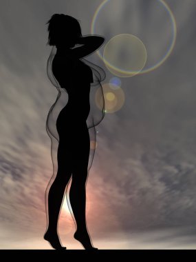 Kavramsal şişman şişman şişman kadın zayıfa karşı kilo verdikten sonra sağlıklı vücuda uyuyor ya da gün batımında kasları zayıf genç bir kadınla diyet yapıyor. Fitness, beslenme veya şişmanlık obezite, sağlık şekli 3D illüstrasyon