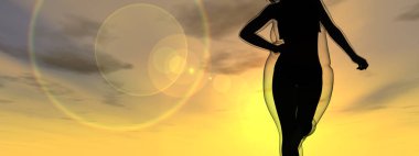Kavramsal şişman şişman şişman kadın zayıfa karşı kilo verdikten sonra sağlıklı vücuda uyuyor ya da gün batımında kasları zayıf genç bir kadınla diyet yapıyor. Fitness, beslenme veya şişmanlık obezite, sağlık şekli 3D illüstrasyon