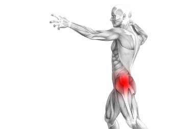 Kırmızı sıcak nokta inflamasyon eklem eklem ağrısı için bacak sağlık tedavi veya spor kas kavramı ile kavramsal hip insan anatomisi. 3D çizim adam artrit veya kemik boğaz osteoporoz hastalığı
