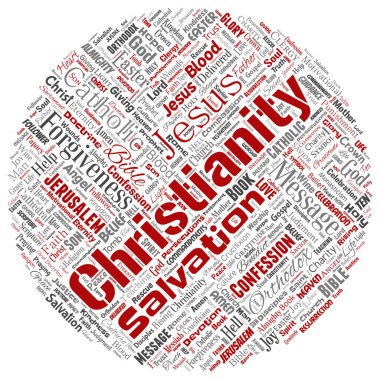 Vektör kavramsal Hıristiyanlık, İsa, İncil Ahit yuvarlak daire kırmızı kelime izole bulut arka plan. Öğretileri, kurtuluş diriliş, cennet, itiraf, AF, aşk kavramı kolaj