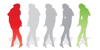 Vektör kavramsal şişman kilolu obez kadın vs fit sağlıklı vücut kilo kaybını takiben ince ya da diyet izole kas ince olan kadın. Fitness, beslenme veya şişmanlık obezite, sağlık siluet şekli