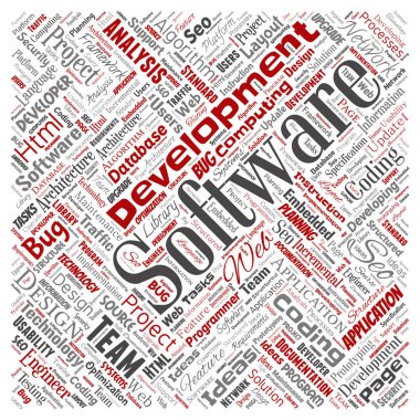 Vektör kavramsal yazılım geliştirme projesi teknoloji kare kırmızı kelime bulutu kodlama arka plan izole. Uygulama web tasarım, seo fikir, uygulama, test yükseltme kavramı kolaj