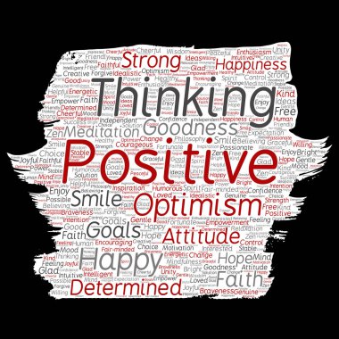 Kavramsal pozitif, güçlü tutum boya fırça kağıt kelime bulutu arka plan üzerinde izole mutlu düşünce vektör. İyimserlik gülümseme, inanç, cesur gol, iyilik ve mutluluk ilham kolaj
