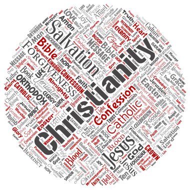 Vektör kavramsal Hıristiyanlık, İsa, İncil Ahit yuvarlak daire kırmızı kelime izole bulut arka plan. Öğretileri, kurtuluş diriliş, cennet, itiraf, AF, aşk kavramı kolaj