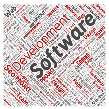 Vektör kavramsal yazılım geliştirme projesi teknoloji kare kırmızı kelime bulutu kodlama arka plan izole. Uygulama web tasarım, seo fikir, uygulama, test yükseltme kavramı kolaj