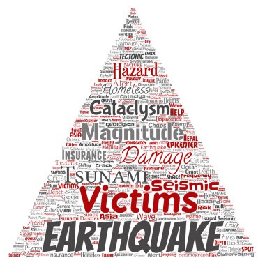 Kavramsal deprem etkinliği üçgen ok sözcük vektör izole arka plan bulut. Doğal sismik tektonik kabuk titremeye, şiddet tsunami dalgaları risk, tektonik kavramı değişen kolaj