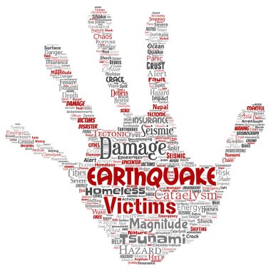 Kavramsal deprem etkinliği el baskı damga sözcük vektör izole arka plan bulut. Doğal sismik tektonik kabuk titremeye, şiddet tsunami dalgaları risk, tektonik kavramı değişen kolaj