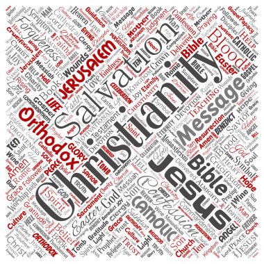 Vektör kavramsal Hıristiyanlık, İsa, İncil Ahit kare kırmızı kelime izole bulut arka plan. Öğretileri, kurtuluş diriliş, cennet, itiraf, AF, aşk kavramı kolaj