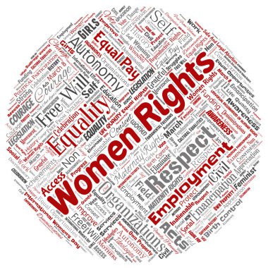Vektör kavramsal kadın hakları, eşitlik, ücretsiz-ecek yuvarlak daire kırmızı kelime izole bulut arka plan. Feminizm, güçlendirme, dürüstlük, fırsatları, farkındalık, cesaret, eğitim, kolaj saygı kavramı