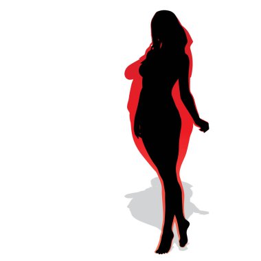 Vektör kavramsal şişman kilolu obez kadın vs fit sağlıklı vücut kilo kaybını takiben ince ya da diyet izole kas ince olan kadın. Fitness, beslenme veya şişmanlık obezite, sağlık siluet şekli