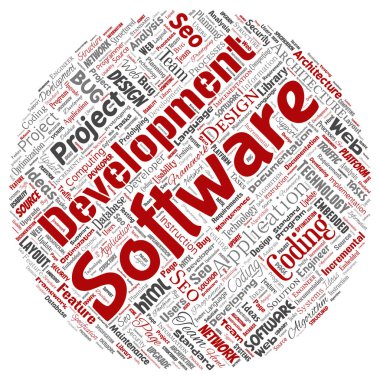 Arka plan daire kırmızı kelime bulutu yuvarlak teknoloji kodlama vektör kavramsal yazılım geliştirme projesi izole. Uygulama web tasarım, seo fikir, uygulama, test yükseltme kavramı kolaj
