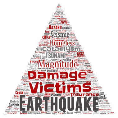 Kavramsal deprem etkinliği üçgen ok sözcük vektör izole arka plan bulut. Doğal sismik tektonik kabuk titremeye, şiddet tsunami dalgaları risk, tektonik kavramı değişen kolaj