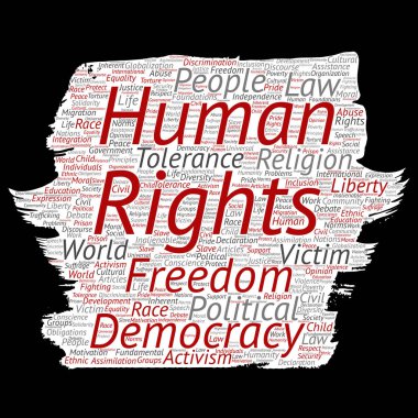 Vektör kavramsal insan hakları siyasi özgürlük, demokrasi boya fırça kağıt kelime bulutu arka plan izole. İnsanlık hoşgörü, hukuk ilkeleri, insanlar adalet ya da ayrımcılık kavramı kolaj