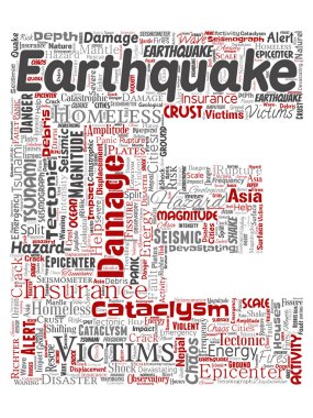 Vektör kavramsal deprem etkinliği mektup yazı tipi E kırmızı kelime bulutu arka plan izole. Doğal sismik tektonik kabuk titremeye, şiddet tsunami dalgaları risk, tektonik kavramı değişen kolaj