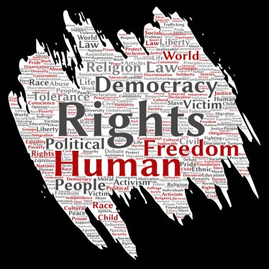 Vektör kavramsal insan hakları siyasi özgürlük, demokrasi boya fırça kağıt kelime bulutu arka plan izole. İnsanlık hoşgörü, hukuk ilkeleri, insanlar adalet ya da ayrımcılık kavramı kolaj