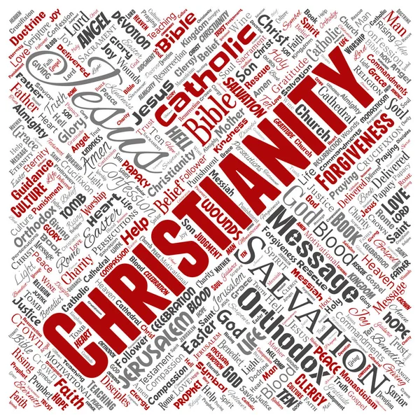 Vektör kavramsal Hıristiyanlık, İsa, İncil Ahit kare kırmızı kelime izole bulut arka plan. Öğretileri, kurtuluş diriliş, cennet, itiraf, AF, aşk kavramı kolaj