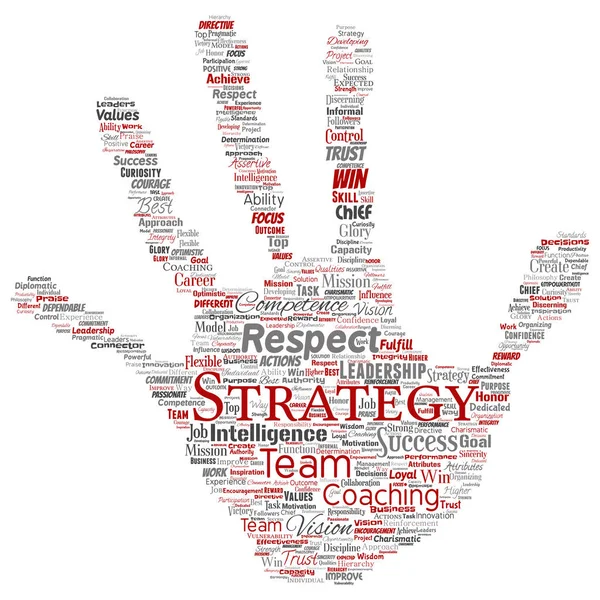 Vector conceptual business leadership strategy, management value hand print stamp word cloud isolated background. Collage of success, achievement, responsibility, intelligence authority or competence