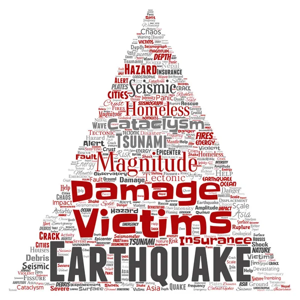 Kavramsal deprem etkinliği üçgen ok sözcük vektör izole arka plan bulut. Doğal sismik tektonik kabuk titremeye, şiddet tsunami dalgaları risk, tektonik kavramı değişen kolaj