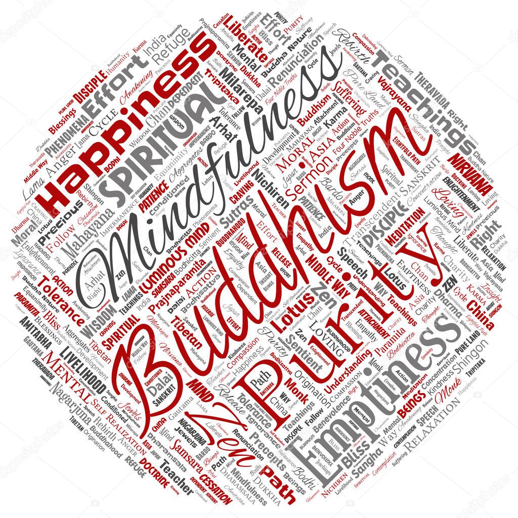 Vector conceptual buddhism, meditation, enlightenment, karma round circle red word cloud isolated background. Collage of mindfulness, reincarnation, nirvana, emptiness, bodhicitta, happiness concept