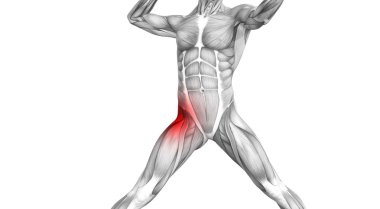 Kırmızı sıcak nokta inflamasyon eklem eklem ağrısı için bacak sağlık tedavi veya spor kas kavramı ile kavramsal hip insan anatomisi. 3D çizim adam artrit veya kemik boğaz osteoporoz hastalığı