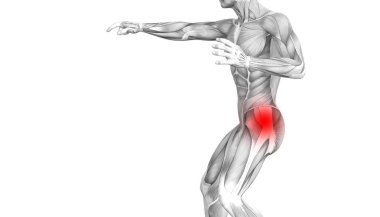 Kırmızı sıcak nokta inflamasyon eklem eklem ağrısı için bacak sağlık tedavi veya spor kas kavramı ile kavramsal hip insan anatomisi. 3D çizim adam artrit veya kemik boğaz osteoporoz hastalığı