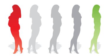 Vektör kavramsal şişman kilolu obez kadın vs fit sağlıklı vücut kilo kaybını takiben ince ya da diyet izole kas ince olan kadın. Fitness, beslenme veya şişmanlık obezite, sağlık siluet şekli