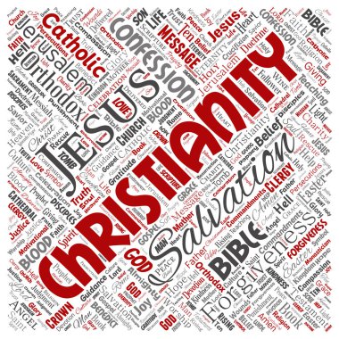 Vektör kavramsal Hıristiyanlık, İsa, İncil Ahit kare kırmızı kelime izole bulut arka plan. Öğretileri, kurtuluş diriliş, cennet, itiraf, AF, aşk kavramı kolaj