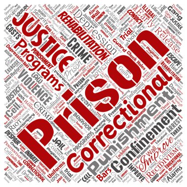 Vektör kavramsal hapishane, adalet, suç kare kırmızı kelime izole bulut arka plan. Ceza, hukuk, haklar, sosyal, yetki, sistem, sivil, deneme, rehabilitasyon, Özgürlük kavramı kolaj