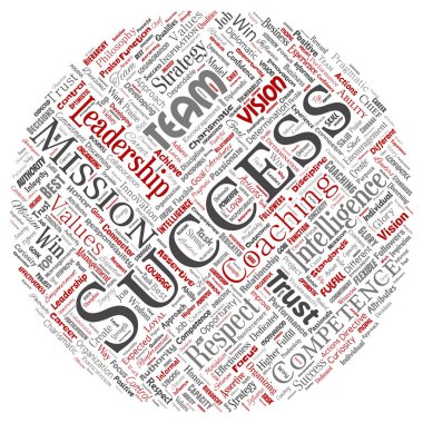 Vektör kavramsal iş Liderlik Strateji, yönetim değer daire kırmızı kelime bulutu yuvarlak arka plan izole. Kolaj, başarı, başarı, sorumluluk, istihbarat yetkilisi veya yetki