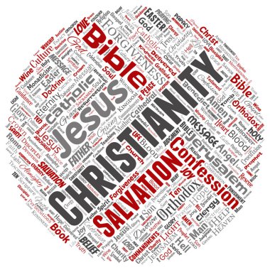 Vektör kavramsal Hıristiyanlık, İsa, İncil Ahit yuvarlak daire kırmızı kelime izole bulut arka plan. Öğretileri, kurtuluş diriliş, cennet, itiraf, AF, aşk kavramı kolaj