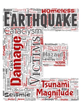 Vektör kavramsal deprem etkinliği mektup yazı tipi E kırmızı kelime bulutu arka plan izole. Doğal sismik tektonik kabuk titremeye, şiddet tsunami dalgaları risk, tektonik kavramı değişen kolaj