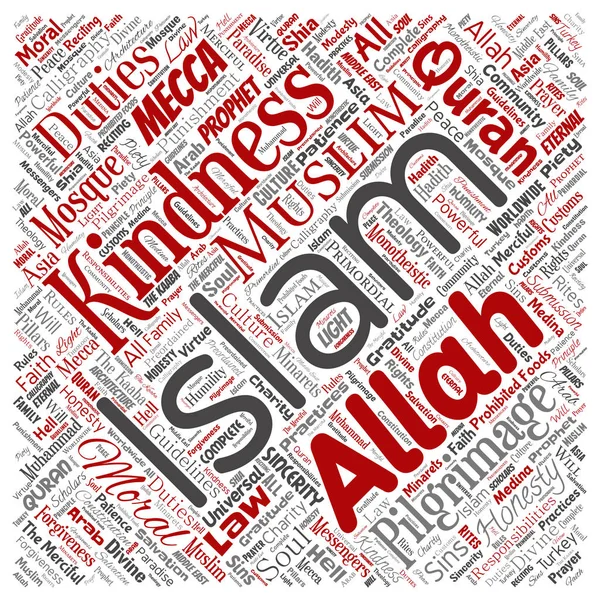 ベクトル概念イスラム教 預言者 正方形 赤のモスク単語分離されたクラウド背景 イスラム教徒 Ramadam コーラン アッラー 伝統概念のコラージュ — ストックベクタ