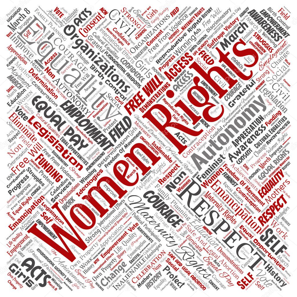 Vector conceptual women rights, equality, free-will square red word cloud isolated background. Collage of feminism, empowerment, integrity, opportunities, awareness, courage, education, respect concept