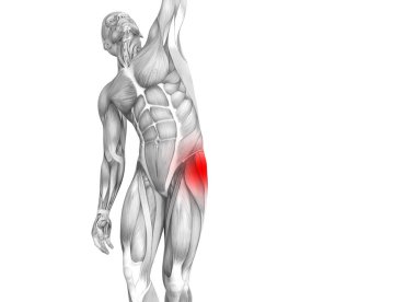 Kırmızı sıcak nokta inflamasyon eklem eklem ağrısı için bacak sağlık tedavi veya spor kas kavramı ile kavramsal hip insan anatomisi. 3D çizim adam artrit veya kemik boğaz osteoporoz hastalığı