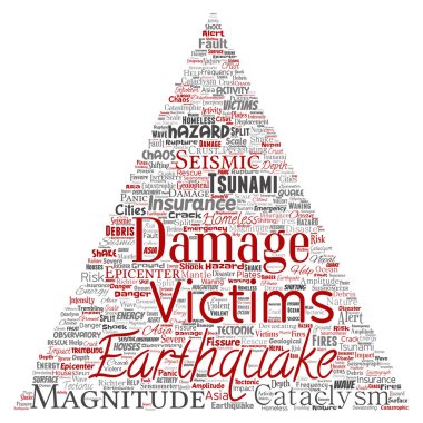 Kavramsal deprem etkinliği üçgen ok sözcük vektör izole arka plan bulut. Doğal sismik tektonik kabuk titremeye, şiddet tsunami dalgaları risk, tektonik kavramı değişen kolaj
