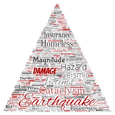 Kavramsal deprem etkinliği üçgen ok sözcük vektör izole arka plan bulut. Doğal sismik tektonik kabuk titremeye, şiddet tsunami dalgaları risk, tektonik kavramı değişen kolaj