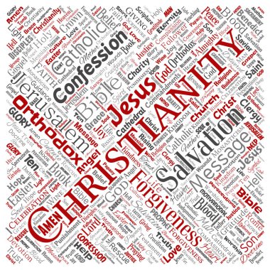 Vektör kavramsal Hıristiyanlık, İsa, İncil Ahit kare kırmızı kelime izole bulut arka plan. Öğretileri, kurtuluş diriliş, cennet, itiraf, AF, aşk kavramı kolaj