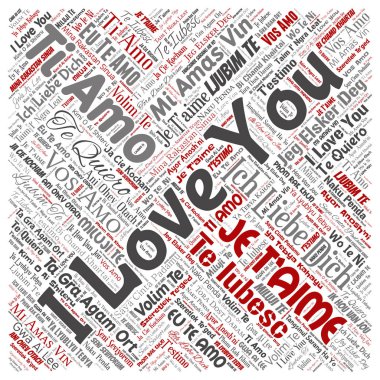 Sen çok dilde mesaj kare kırmızı kelime bulutu seviyorum vektör kavramsal tatlı romantik arka plan izole. Kolaj Sevgililer günü, romantik sevgi, mutlu duygu ya da tutku güzel konsept tasarımı