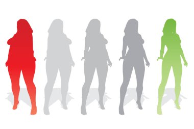Vektör kavramsal şişman kilolu obez kadın vs fit sağlıklı vücut kilo kaybını takiben ince ya da diyet izole kas ince olan kadın. Fitness, beslenme veya şişmanlık obezite, sağlık siluet şekli
