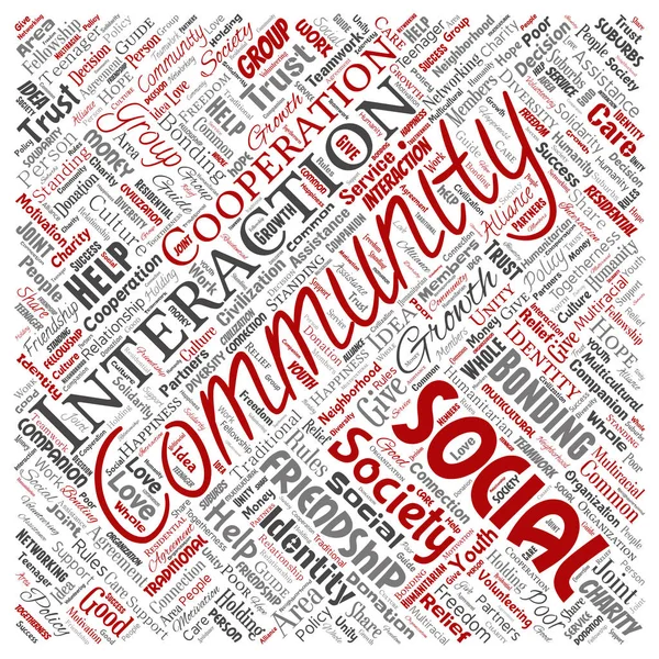 Vector Conceptual Community Social Connection Square Red Word Cloud Isolated — Stock Vector
