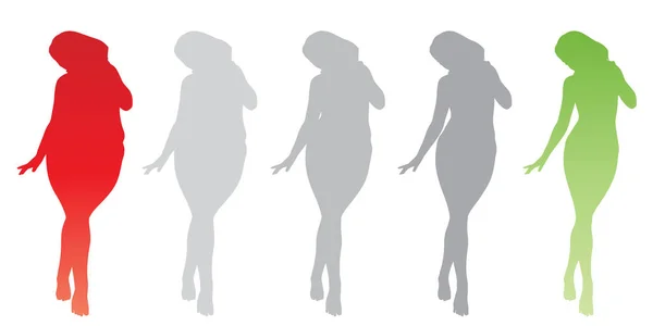 ベクトル概念脂肪肥満肥満女性 減量後適合の健康的なボディをスリムまたは分離された筋肉薄い若い女性と食事 フィットネス 肥満肥満 健康シルエット図形 — ストックベクタ