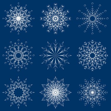 Koleksiyon artistik buz gibi soyut kristal kar kış Aralık dekorasyon grup veya koleksiyon olarak izole üzerinde arka plan pul. Buz veya Don güzel yıldız süs siluet veya sezon resmi