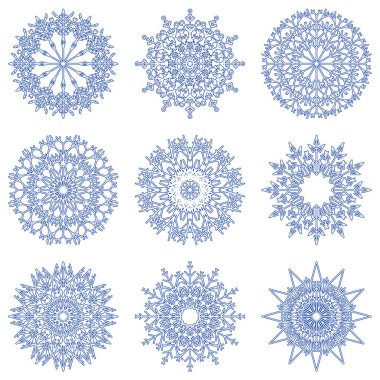 Koleksiyon artistik buz gibi soyut kristal kar kış Aralık dekorasyon grup veya koleksiyon olarak izole üzerinde arka plan pul. Buz veya Don güzel yıldız süs siluet veya sezon resmi